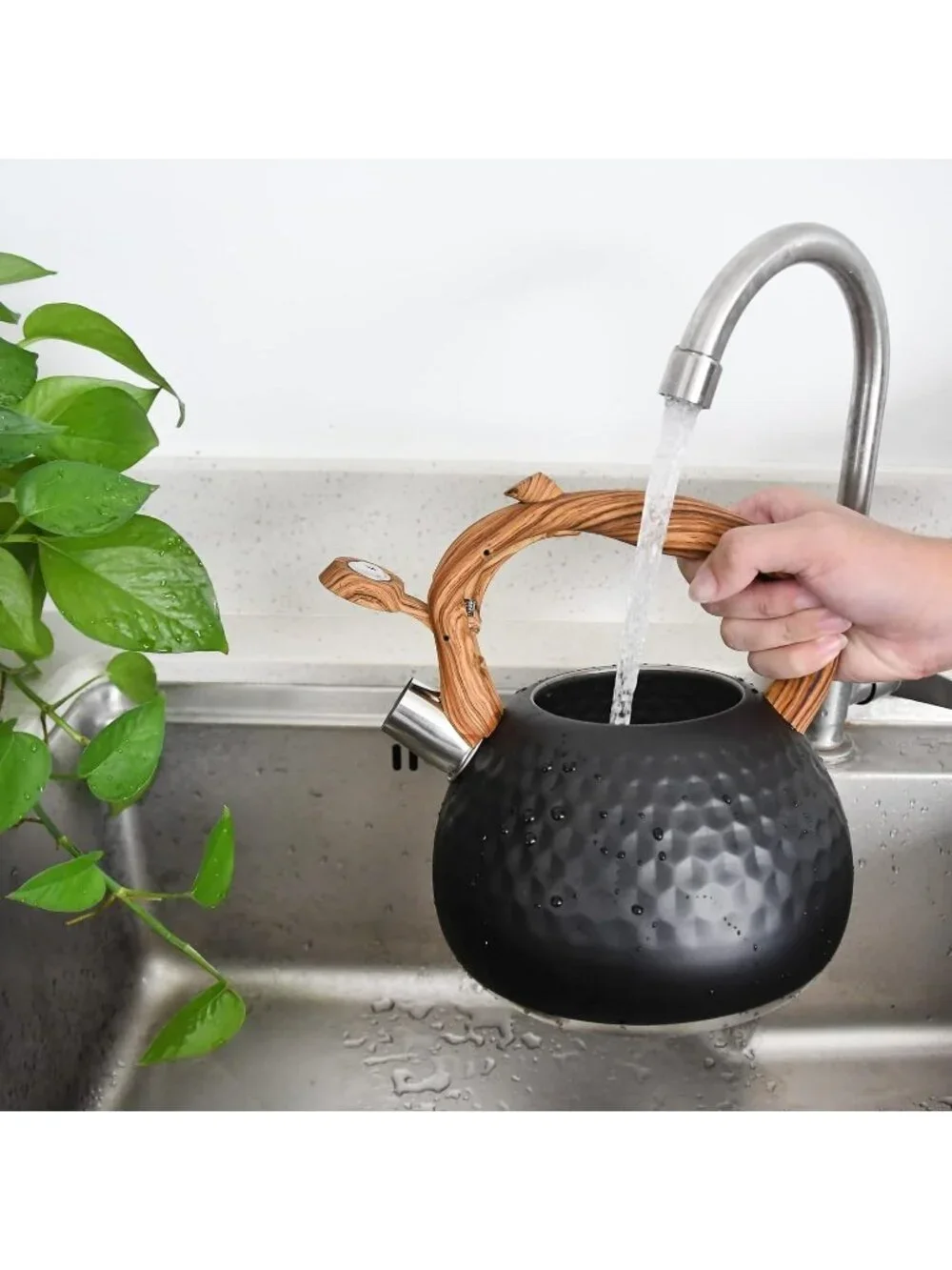 Kitchen Black Boiling Water Coffee or Milk Wood Pattern Handle Tea Kettle